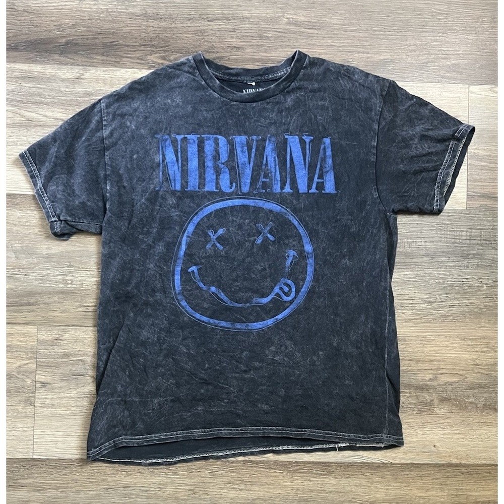 Nirvana Smiley Face T-Shirt Mens Large Black Blue Vintage Wash Grunge Band Tee